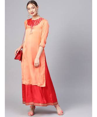 Women Orange Ethnic Motifs Straight Sateen Silk Kurta 2