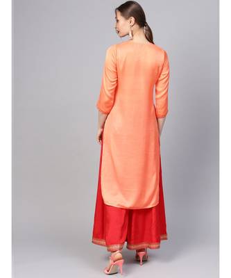 Women Orange Ethnic Motifs Straight Sateen Silk Kurta 3