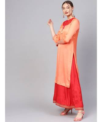 Women Orange Ethnic Motifs Straight Sateen Silk Kurta 4