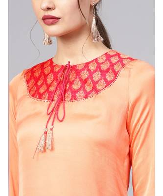 Women Orange Ethnic Motifs Straight Sateen Silk Kurta 5