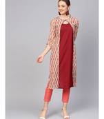 Women Maroon Geometric Straight Chanderi Cotton Kurta
