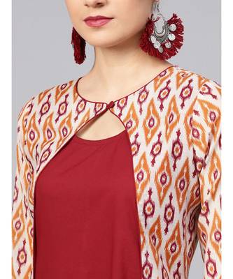 Women Maroon Geometric Straight Chanderi Cotton Kurta 4