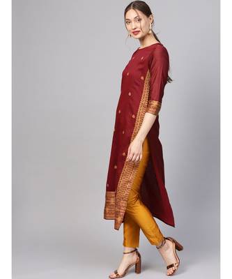 Women Maroon Straight Handloom Jacquard Kurta With Trouser Dupatta 1