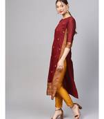 Women Maroon Straight Handloom Jacquard Kurta With Trouser Dupatta