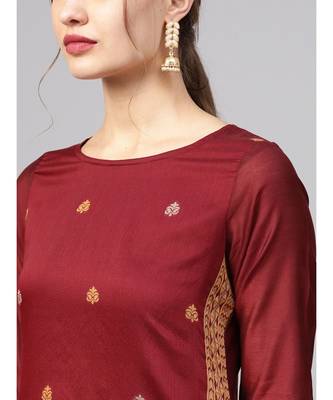 Women Maroon Straight Handloom Jacquard Kurta With Trouser Dupatta 3