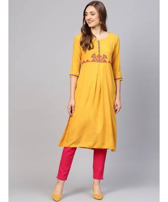 Women Mustard Solid A_Line Rayon Kurta With Trouser 1