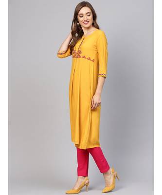 Women Mustard Solid A_Line Rayon Kurta With Trouser 2