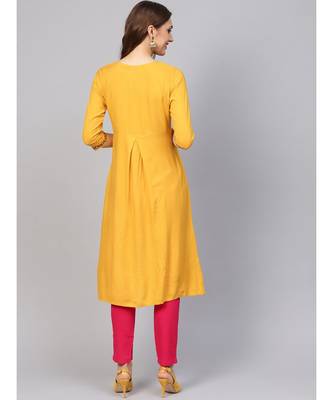 Women Mustard Solid A_Line Rayon Kurta With Trouser 3