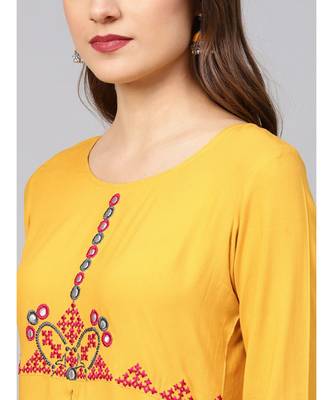 Women Mustard Solid A_Line Rayon Kurta With Trouser 4