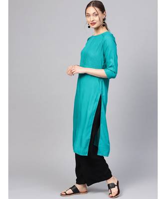 Women Teal Solid Straight Rayon Kurta With Palazzo 1