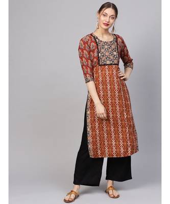 Women Maroon Straight Cotton Kurta With Palazzo 1
