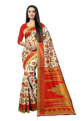 Red Printed Art Silk Saree With Blouse 2