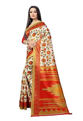 Red Printed Art Silk Saree With Blouse 3