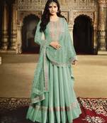 SKY Green Embroidered Art Silk Semi Stitched Salwar With Dupatta