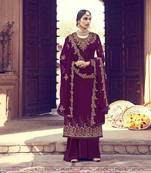 Wine Embroidered Faux Georgette Salwar