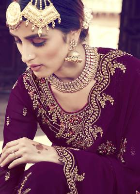 Wine Embroidered Faux Georgette Salwar 3