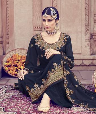 Navy Blue Embroidered Faux Georgette Salwar 2
