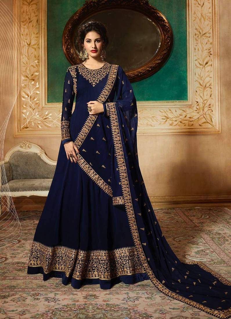 BLUE Embroidered Georgette Semi Stitched Salwar With Dupatta