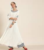 Women's White embroidered anarkali with printed palazzo and ombre dupatta