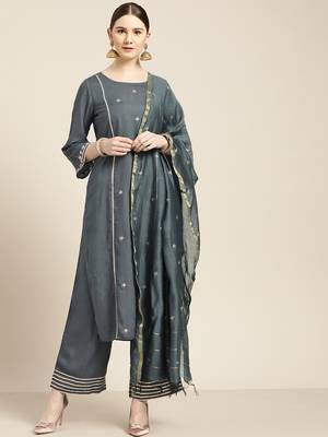 Women's Grey rayon slub embroidered kurta with palazzo & dupatta 1