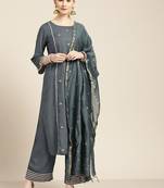 Women's Grey rayon slub embroidered kurta with palazzo & dupatta