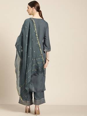 Women's Grey rayon slub embroidered kurta with palazzo & dupatta 3