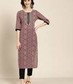 Women's Maroon embroidered printed straight kurta with black solid pant