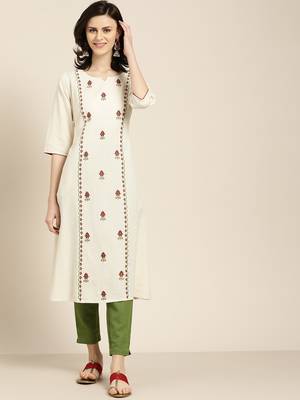 Women's Off white Embroidered cotton flex A line kurta with solid pant 1