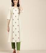 Women's Off white Embroidered cotton flex A line kurta with solid pant