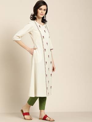 Women's Off white Embroidered cotton flex A line kurta with solid pant 2