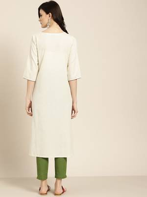 Women's Off white Embroidered cotton flex A line kurta with solid pant 3