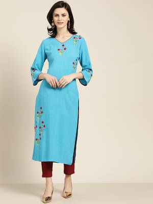 Women's Blue Placement Embroidered straight kurta with solid pant 1