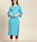 Women's Blue Placement Embroidered straight kurta with solid pant