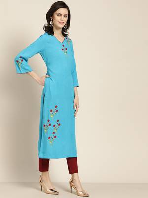 Women's Blue Placement Embroidered straight kurta with solid pant 2