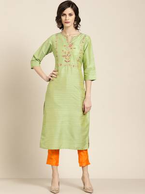 Women's Green handloom embroidered straight kurta with solid orange pant 1