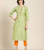 Women's Green handloom embroidered straight kurta with solid orange pant