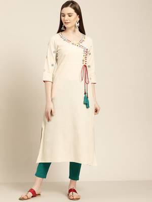 Women's Off white embroidered a line kurta With Solid Pant 1