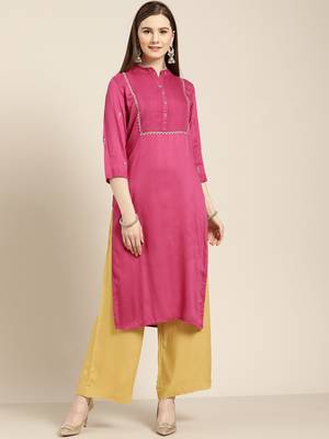 Women's Magenta embroidered rayon dobby straight kurta With Solid Palazzo 1