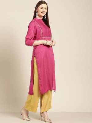 Women's Magenta embroidered rayon dobby straight kurta With Solid Palazzo 2