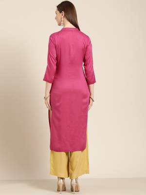 Women's Magenta embroidered rayon dobby straight kurta With Solid Palazzo 3