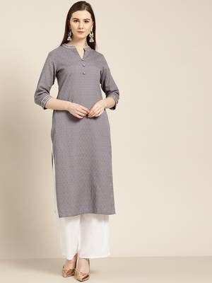 Women's Grey cotton dobby straight embroidered kurta With Solid White Palazzo 1