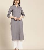 Women's Grey cotton dobby straight embroidered kurta With Solid White Palazzo