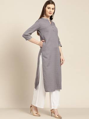 Women's Grey cotton dobby straight embroidered kurta With Solid White Palazzo 2