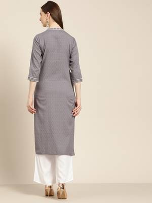 Women's Grey cotton dobby straight embroidered kurta With Solid White Palazzo 3
