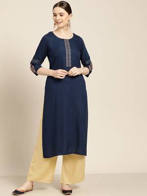Women's Blue embroidered straight kurta with Solid palazzo 1