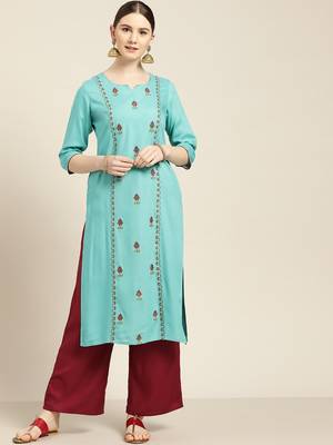 Women's Blue Embroidered straight kurta With SOlid palazzo 1