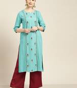 Women's Blue Embroidered straight kurta With SOlid palazzo