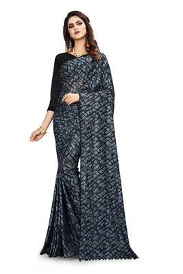 Blue printed lycra saree with blouse 1