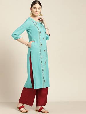 Women's Blue Embroidered straight kurta With SOlid palazzo 2