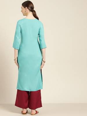 Women's Blue Embroidered straight kurta With SOlid palazzo 3